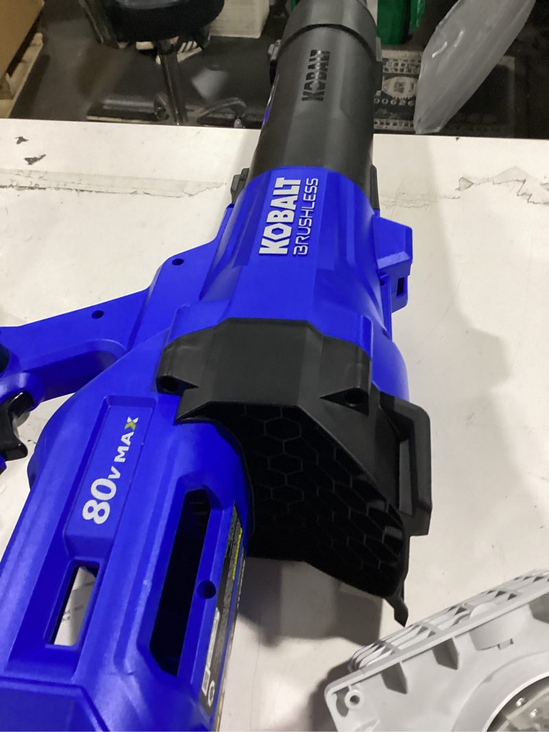 Condition photo showing As Is for kobalt 80-volt cordless battery string trimmer and leaf blower and combo kit 2.5 ah 