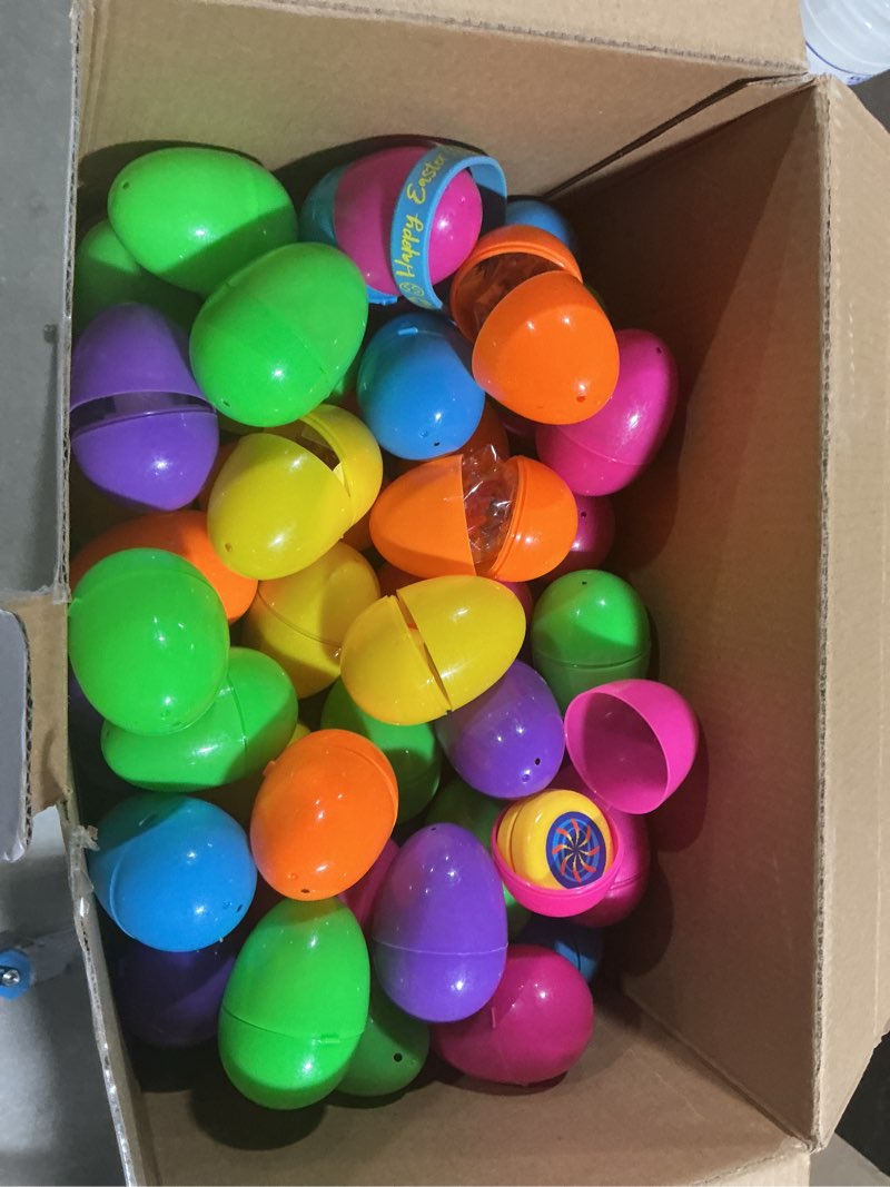 Condition photo showing As Is for joyin 200pcs prefilled easter eggs with assorted toys plus stickers inside for easter egg hunt, basket stuffers fillers for kids, party favors, classroom prize supplies