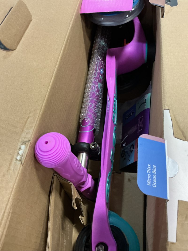 Condition photo showing Good Condition for micro kickboard | mini kids scooter for ages 2-5 | children up to 110 lbs | 3 wheel lean-to-steer design | adjustable t bar | smooth ride pu wheels | swiss design lavender