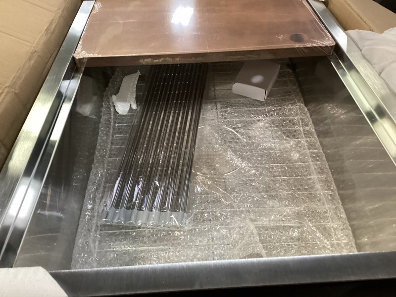 Condition photo showing Good Condition for Kitchen Sink Workstation,27"x19" Stainless Steel Undermount Single Bowl Sink Built-in Ledge Drop In Workstation Sink Design For Placing/Sliding Accessories-Cutting Board And Drying Rack