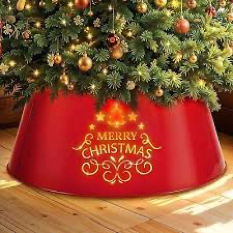 26 inch Metal Merry Christmas Tree Collar with Light String for Large Tree 7-9FT
