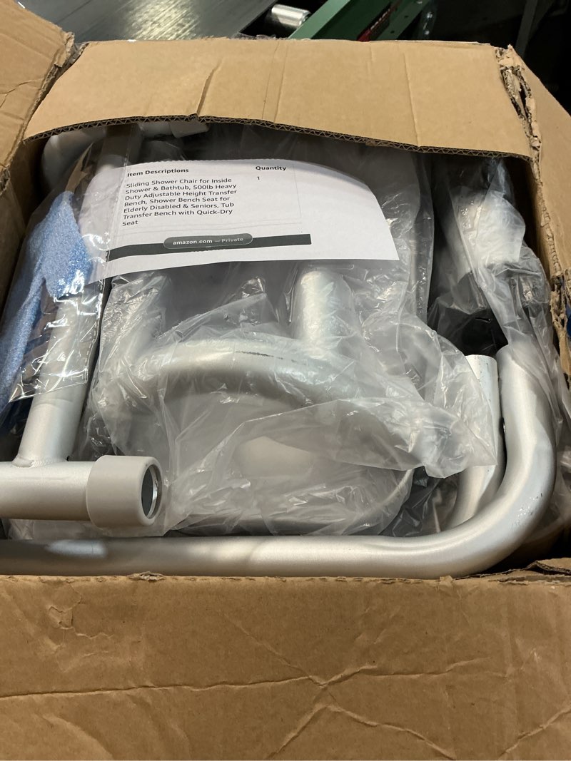 Condition photo showing Good Condition for Sliding Shower Chair for Inside Shower & Bathtub, 500lb Heavy Duty Adjustable Height Transfer Bench, Shower Bench Seat for Elderly Disabled & Seniors Sliding Shower Chair with Arms