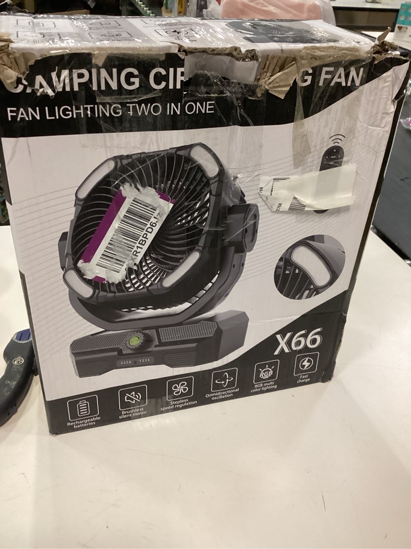 Condition photo showing As Is for RUNTOP 45000mAh Large Battery Operated Fan, High Speed Oscillating Camping Fan with Remote,Quiet Adjustable Tilt Rechargeable Fans, Battery Powered fansfor Tent Home Office, Bedroom Travel (Black)