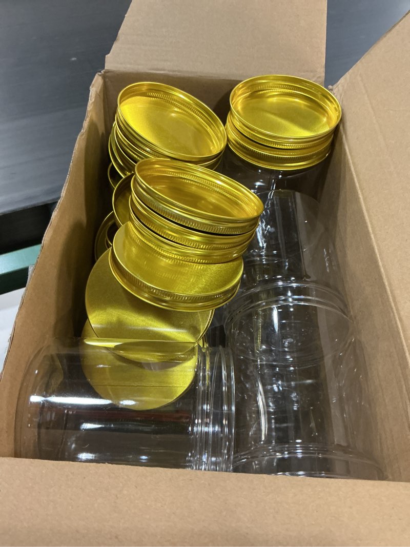 Condition photo showing Good Condition for irenare 24 pcs 16oz plastic jars with lids, clear wide mouth airtight mason jars food storage containers for cake, dried fruit, honey, nuts, scrubs cream, kitchen & craft(golden lids)