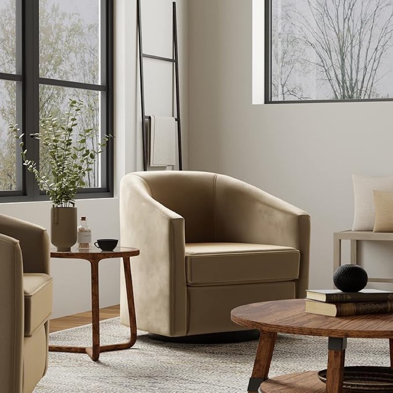 eLuxurySupply Swivel Accent Chair - Traditional Barrel Upholstered Armchair with Swivel Base - Premium High Density Foam Cushion for Supreme Comfort - No Assembly - Brown Velvet