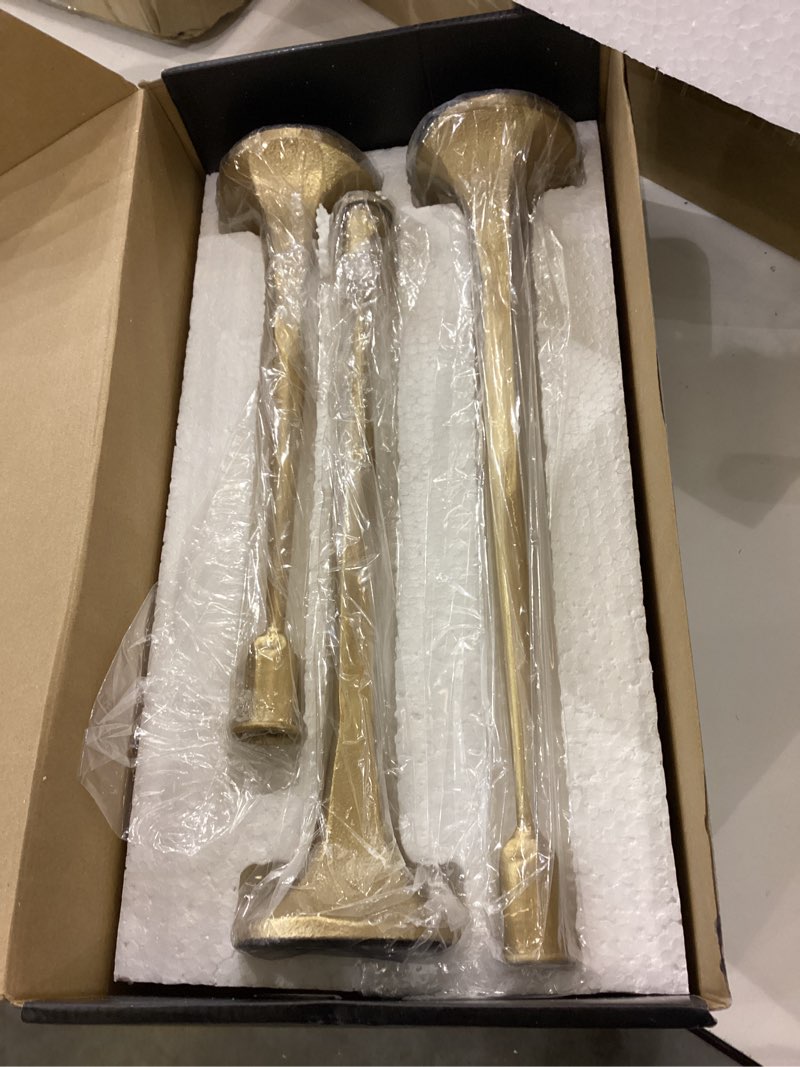 Condition photo showing As Is for Denique Iron Taper Candle Holder Set of 3, Gold Candlestick Holders Decorative Candle Stand, Tapered Candle Holders Tall Set for Wedding, Dining Table, Home Decoration (Gold) Gold 12”,14”,15.5”