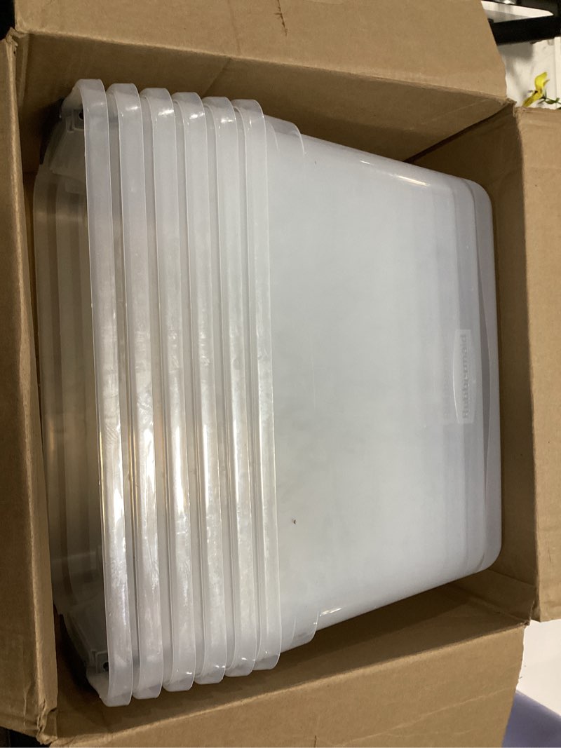 Condition photo showing As Is for rubbermaid cleverstore clear 32 qt, 6 pack stackable plastic storage bins with lids, great for closet and laundry storage, organizing in the home