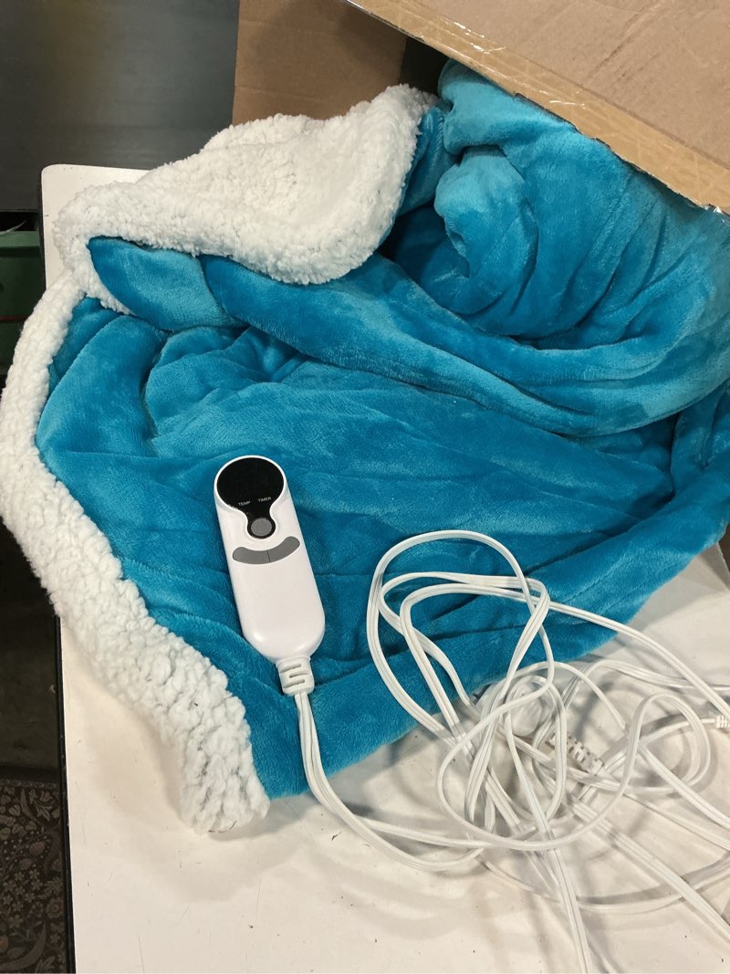 Condition photo showing As Is for greenoak heated blanket electric full 72"x84", heating blanket with 10 heat levels 1/2/4/6/8 hours auto-off, soft flannel sherpa warm heater christmas blanket, aqua green aqua green 72x84
