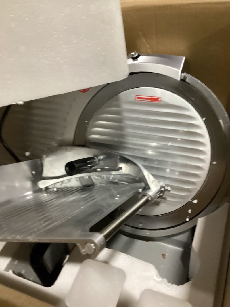 Condition photo showing As Is for VEVOR Commercial Meat Slicer, 320W Electric Deli Food Slicer, 12 inch Carbon Steel Blade Electric Food Slicer, 350-400RPM Meat Slicer, 0-0.6 inch Adjustable Thickness for Cheese, Veggies, Ham 12IN-320W