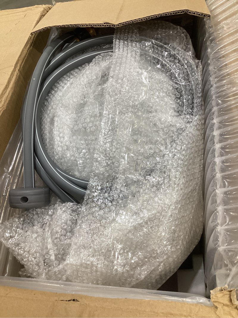 Condition photo showing As Is for ayleid retractable garden hose reel,1/2 in x 130 ft wall mounted hose reel, with 9- function sprayer nozzle, any length lock/slow return system/wall mounted/180°swivel bracket (gray) 130ft light gray