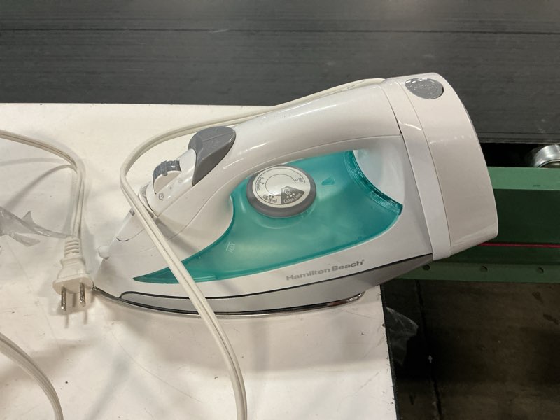 Condition photo showing As Is for hamilton beach clothing iron, steam iron for clothes with stainless steel soleplate & retractable cord, white