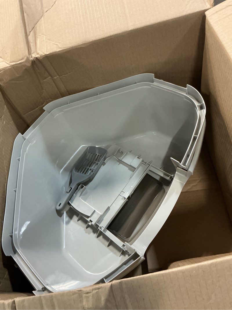 Condition photo showing As Is for iris usa cat litter box - enclosed corner litter box with scoop, hooded litter tray for corners, space-saving covered litter box, odor defensive, gray corner enclosed gray
