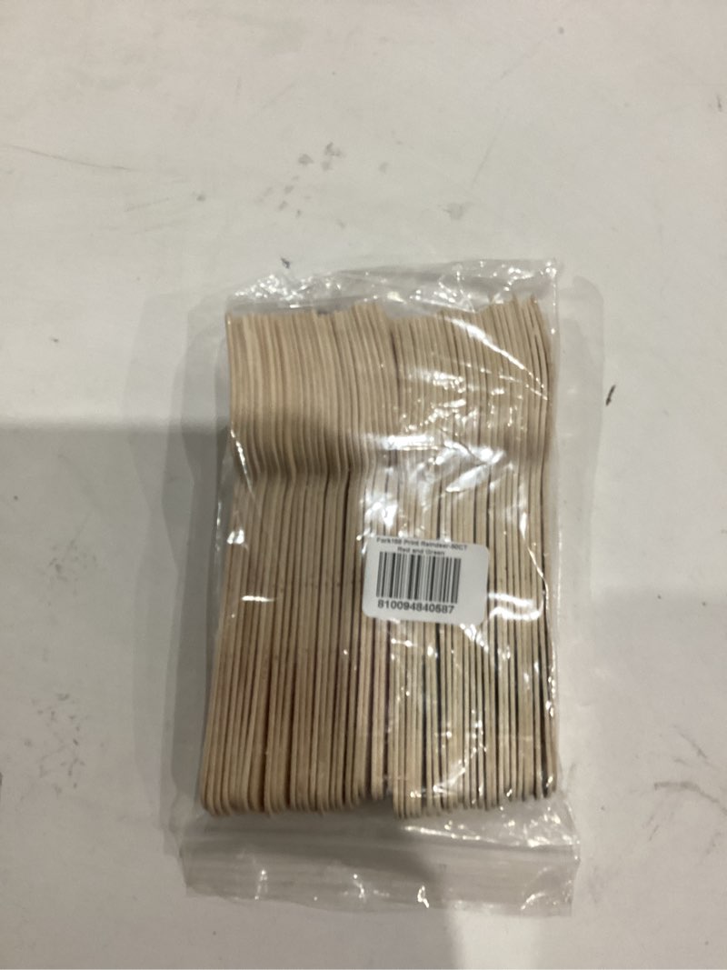 Condition photo showing New/Like New for Perfect Stix Wooden Disposable Forks with Christmas Design. Pack of 50 Count. Colors are Red and Green. 6 Inch Printed Wooden Forks