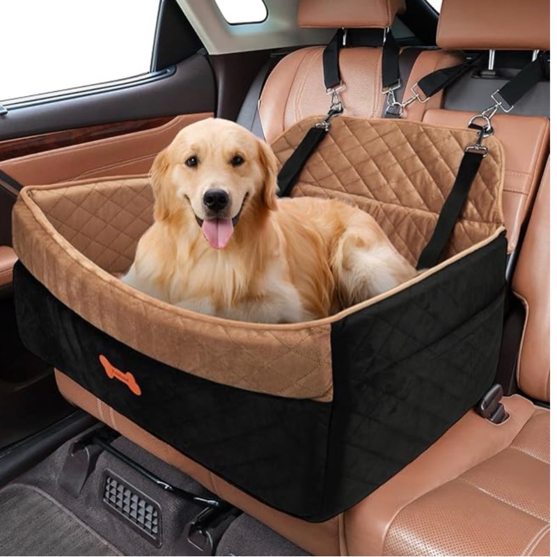PetsHome Dog Car Seat for Medium Large Dogs, Detachable Washable Pet Booster Seat with Memory Foam Cushion, Side Pockets, 2 Clip-On Safety Leashes Pet Car Seat for Dog Up to 60 lbs/2 Small Dogs-Brown