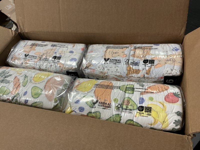 Condition photo showing New/Like New for the honest company comfort dry disposable diapers for sensitive skin, hypoallergenic, fragrance-free, so delish + it's a pawty, super club box, size 6 (35 lbs), 68 count size 6 (68 count) so delish + it's a pawty