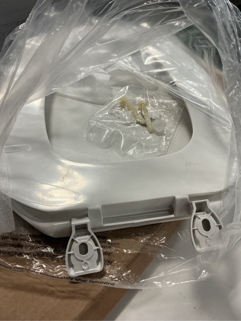 Condition photo showing Good Condition for centoco eljer emblem elongated toilet seat with square front, closed front with cover, residential, plastic, made in the usa, emb601-001, white elongated 001-white