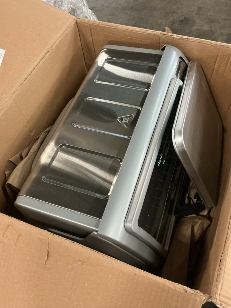 Condition photo showing As Is for hamilton beach 6 slice countertop toaster oven with easy reach roll-top door, bake, broil & toast functions, auto shutoff, silver (31127d)
