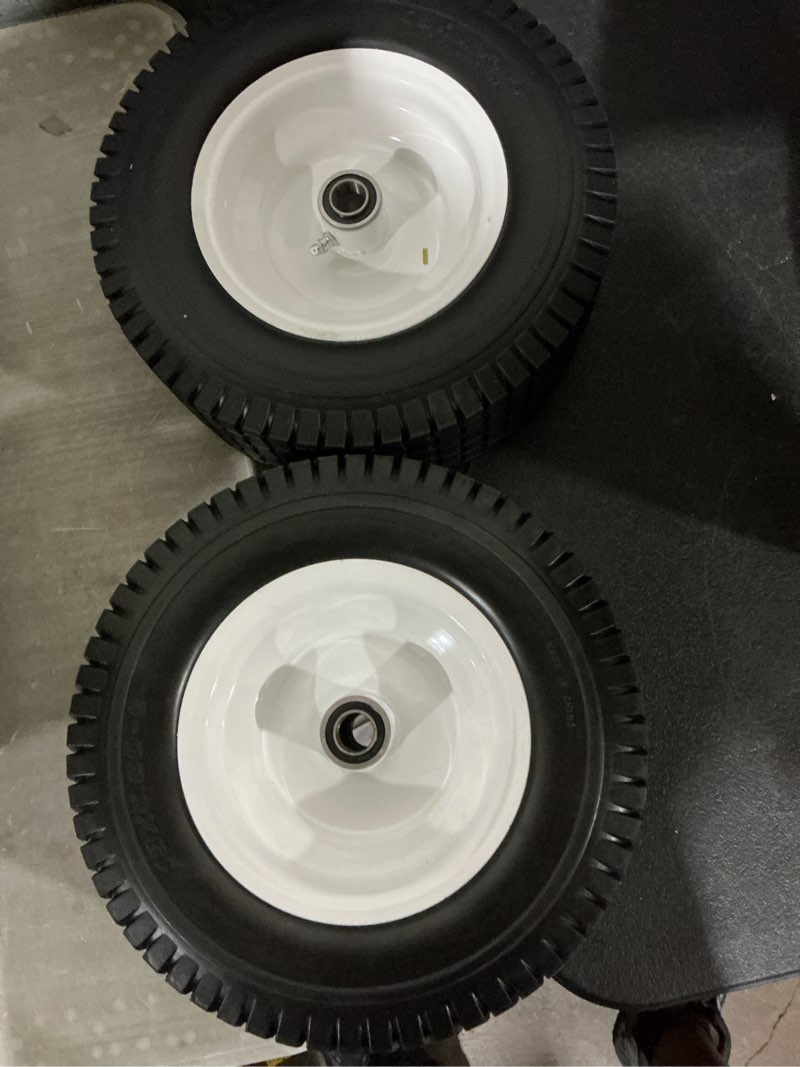 Condition photo showing Good Condition for 2-pack 13x5.00-6 solid riding mower tires, puncture proof turf tread wheels for tractors
