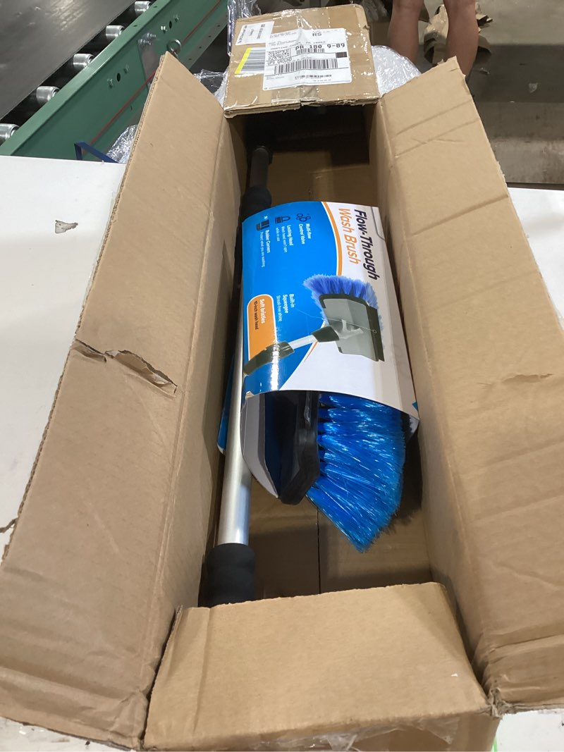 Condition photo showing Good Condition for camco rv flow-through wash brush - features an adjustable handle, a standard garden hose connection, and an on/off button to control water flow (43633) premium