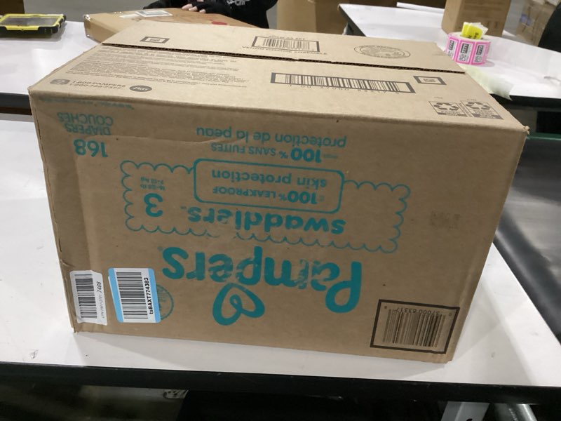 Condition photo showing New/Like New for pampers swaddlers diapers, size 3 (13-26 lbs), 168 count, absorbent, keeps baby dry and comfortable, skin safe disposable baby diaper size 3 168