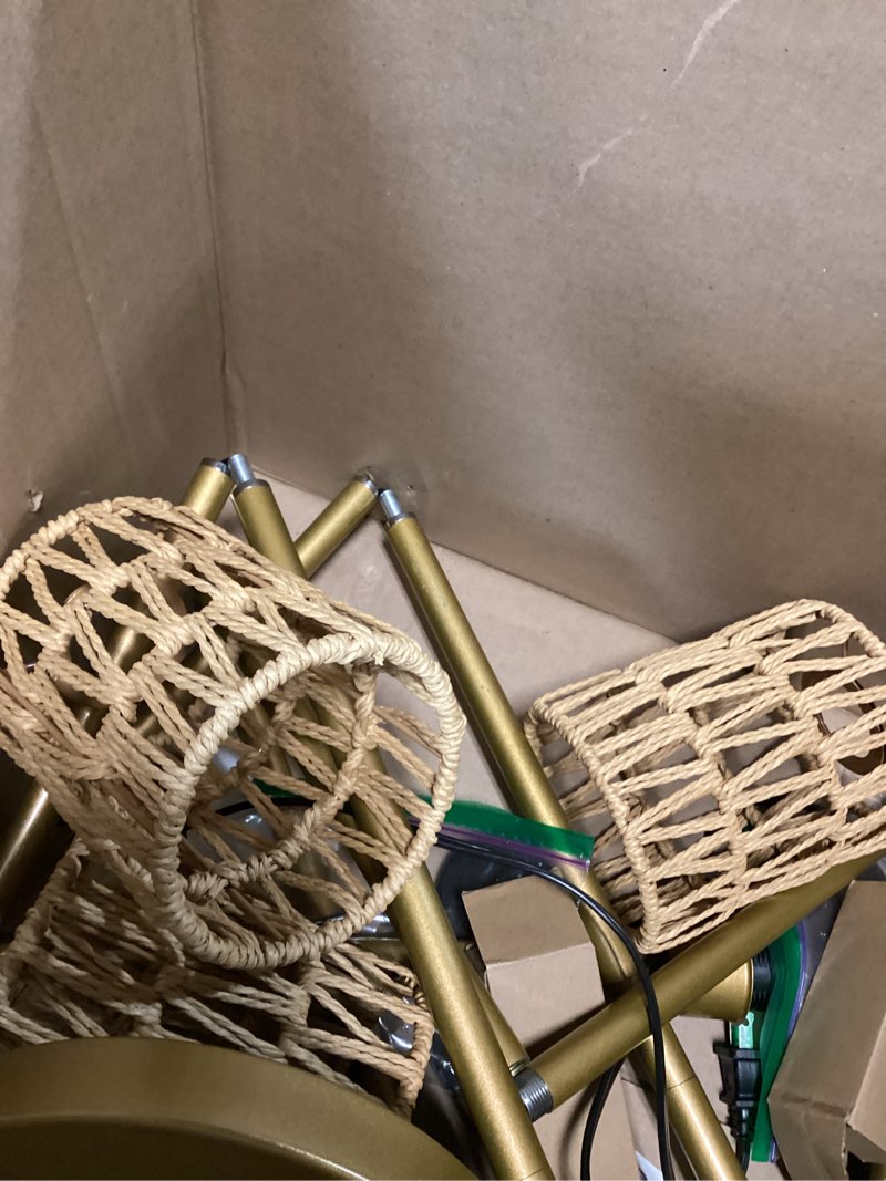 Condition photo showing As Is for lightdot dimmable boho floor lamps for living room, 3-lights rattan floor lamp with shelves, farmhouse floor lamp, rustic gold standing lamp with warmwhite bulbs included for sofa beside/corner decor 3 rattan-gold shelf