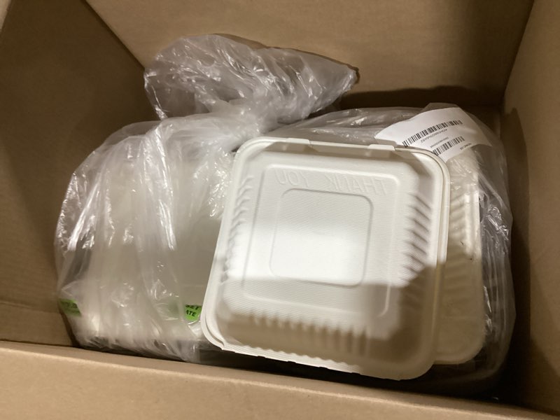 Condition photo showing Good Condition for to go boxes - 100 pack 3 compartment compostable degradable in 90 days 9x9 inch takeout lunch box containers to go take out clamshell for food, disposable eco-friendly biodegradable bamboo (brown)