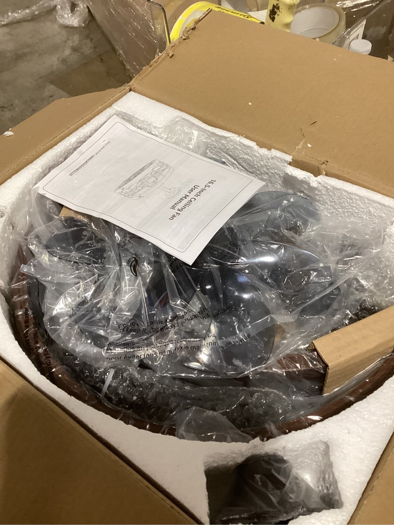 Condition photo showing As Is for LEDIARY 16.5in Caged Ceiling Fan with Light, Bladeless Industrial Ceiling Fan with Remote, Rustic Metal Fan Lights Ceiling Fixtures for Kitchen, Farmhouse, Bedroom?6 Speed,1/2/4/8h Timing?-Walnut 16.5 Inch Walnut