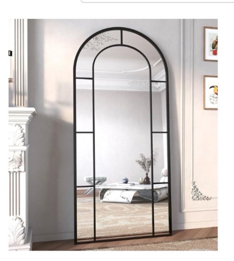 arched full length mirror, mirror full length, oversized floor length standing mirrors, large body wall mounted window pane mirrors, hanging or leaning (black)