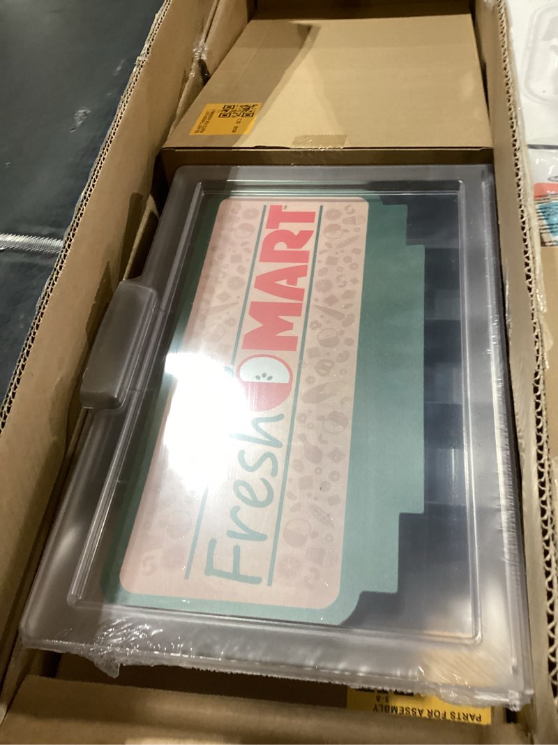 Condition photo showing New/Like New for melissa & doug, fresh mart pretend grocery store, kids cash register with scanner, shelves, & conveyor belt, kids toys for girls & boys main