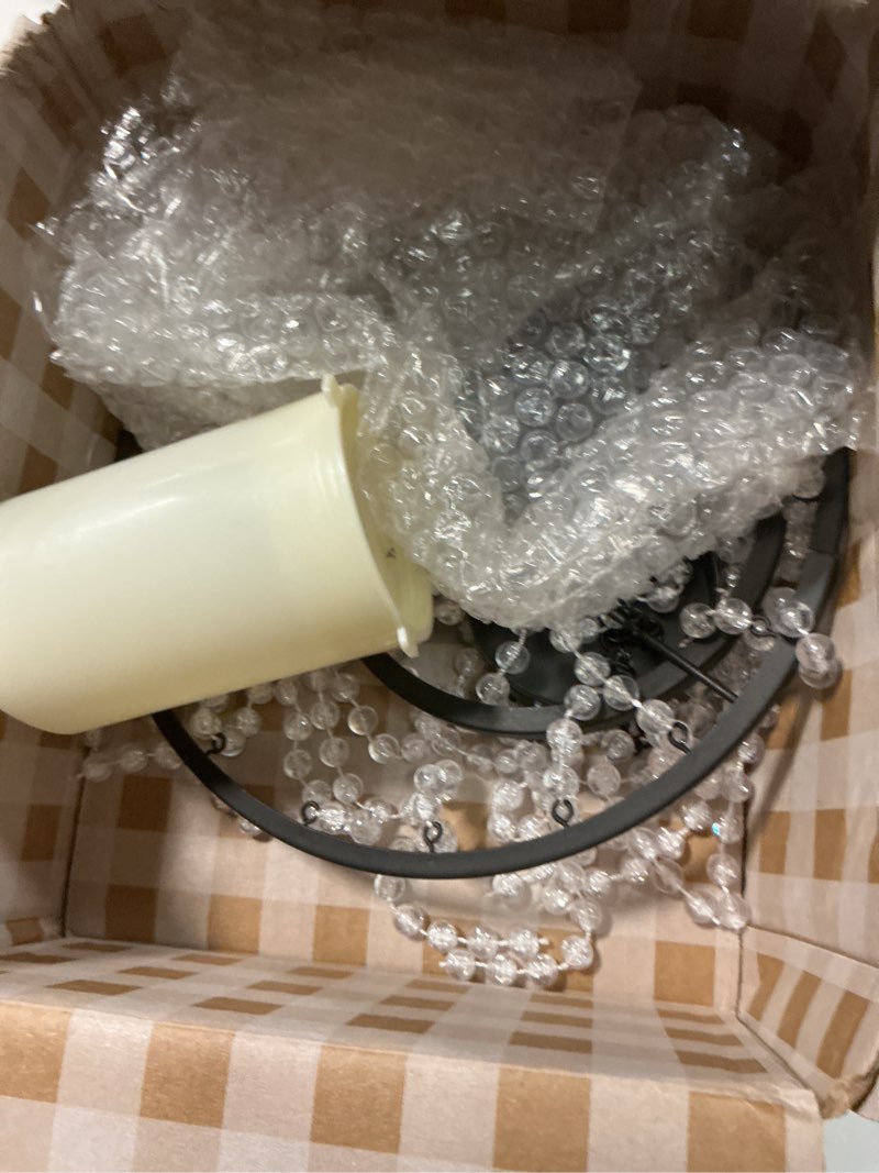 Condition photo showing Good Condition for hanging candle lantern outdoor, 28” battery operated modern clear acrylic crystal chandeliers with flickering yellow led candle light s hooks for garden, backyard, gazebo, room indoor indoor decor