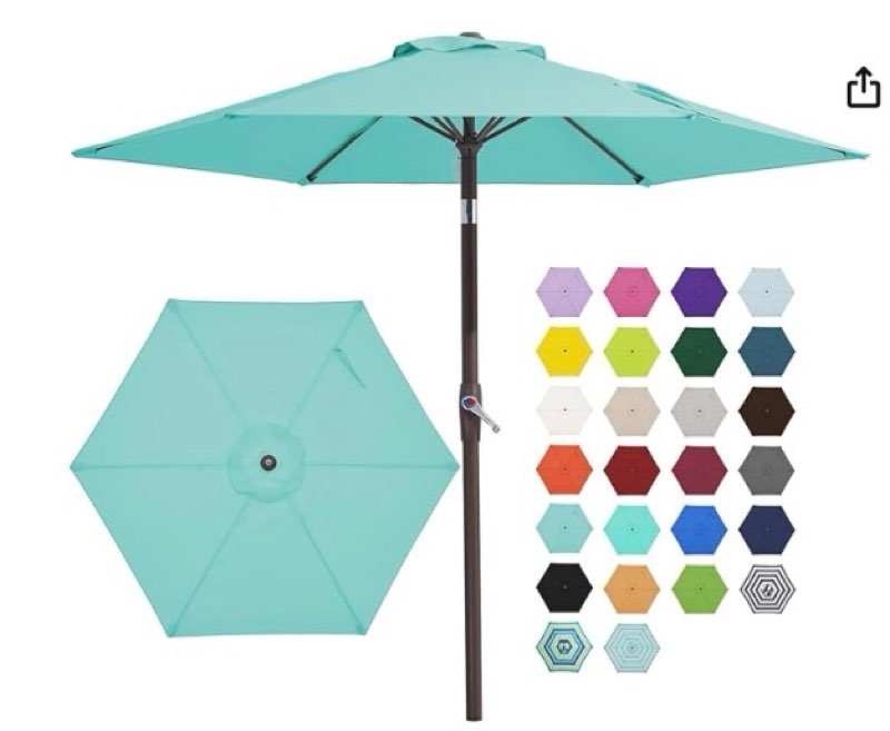 JEAREY 7.5FT Patio Umbrella Market Table Umbrella with 6 Sturdy Ribs, Push Button Tilt/Crank Outdoor Umbrella for Garden, Deck, Backyard, Pool and Beach,Teal Blue