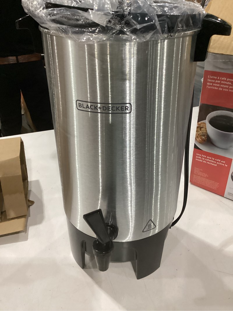 Condition photo showing As Is for not tested black+decker 40 cup coffee urn, fast brewing, aluminum, keep warm function, heat resistant handles, indicator light