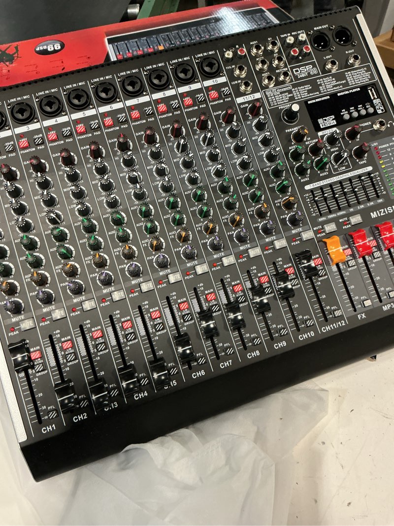 Condition photo showing Good Condition for 12 channel audio mixer professional sound mixing board with 99 dsp effects, 7-band eq digital dj mixer console w/usb bluetooth mp3 for recording, independent 48v power & mute button pw-1208