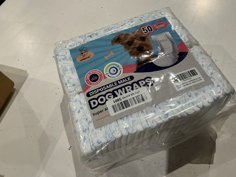 Condition photo showing New/Like New for dog diapers male, x-small 50 ct, super absorbent male dog wraps with wetness indicator, soft pearl weave non-woven fabric, breathable belly bands for male dogs, fit for chihuahua, yorkshire xsmall: 50 ct