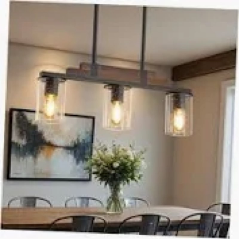 Farmhouse Wood Kitchen Island Lighting, 3-Light Adjustable Chandelier for Dining Room, Seeded Glass 