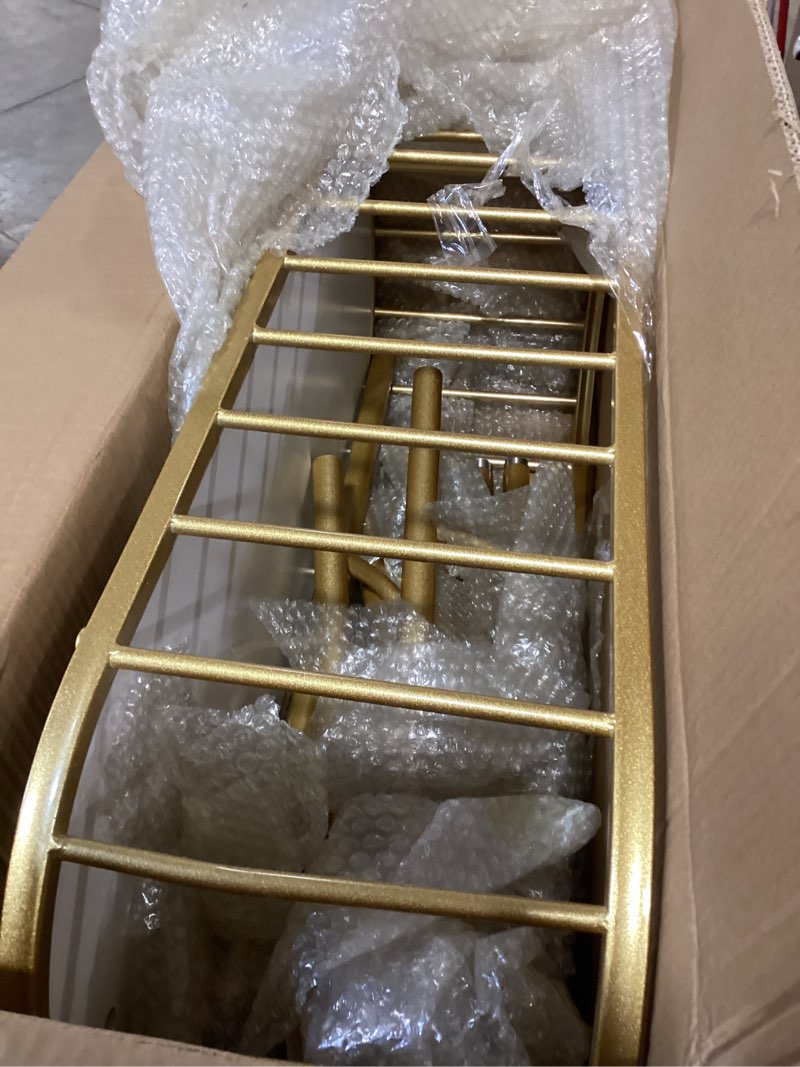 Condition photo showing As Is for gold rolling clothes rack with wheels, 68.5 inch tall heavy duty metal gold garment rack with basket, movable portable clothes rack for bedroom