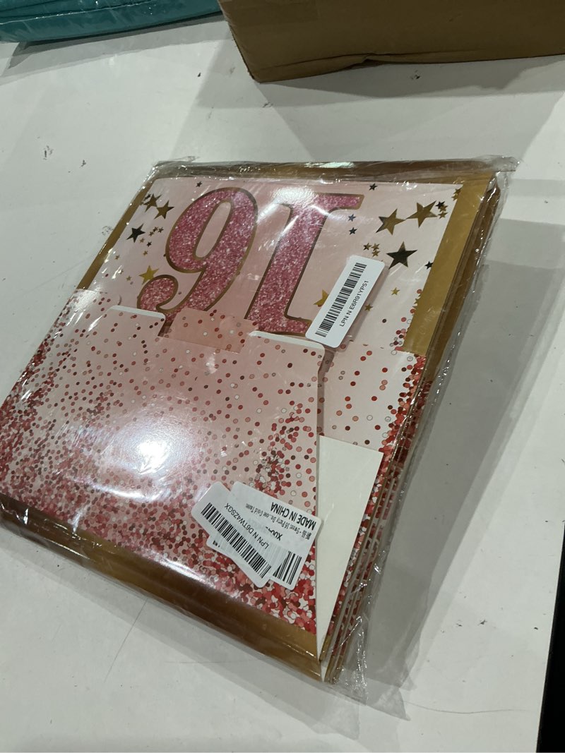 Condition photo showing Good Condition for sweet 16 party decorations,16th birthday boxes decor for girls women sweet sixteen happy birthday banner kits pink rose gold foil balloons party supplies rose gold tassel curtain