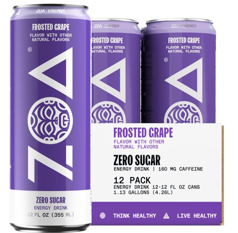 ZOA Zero Sugar Energy Drinks, Frosted Grape - Sugar Free with Electrolytes, Healthy Vitamin C, Amino Acids, Essential B-Vitamins, and Caffeine from Green Tea - 12 Fl Oz (12-Pack)((BB/08/13/2025))