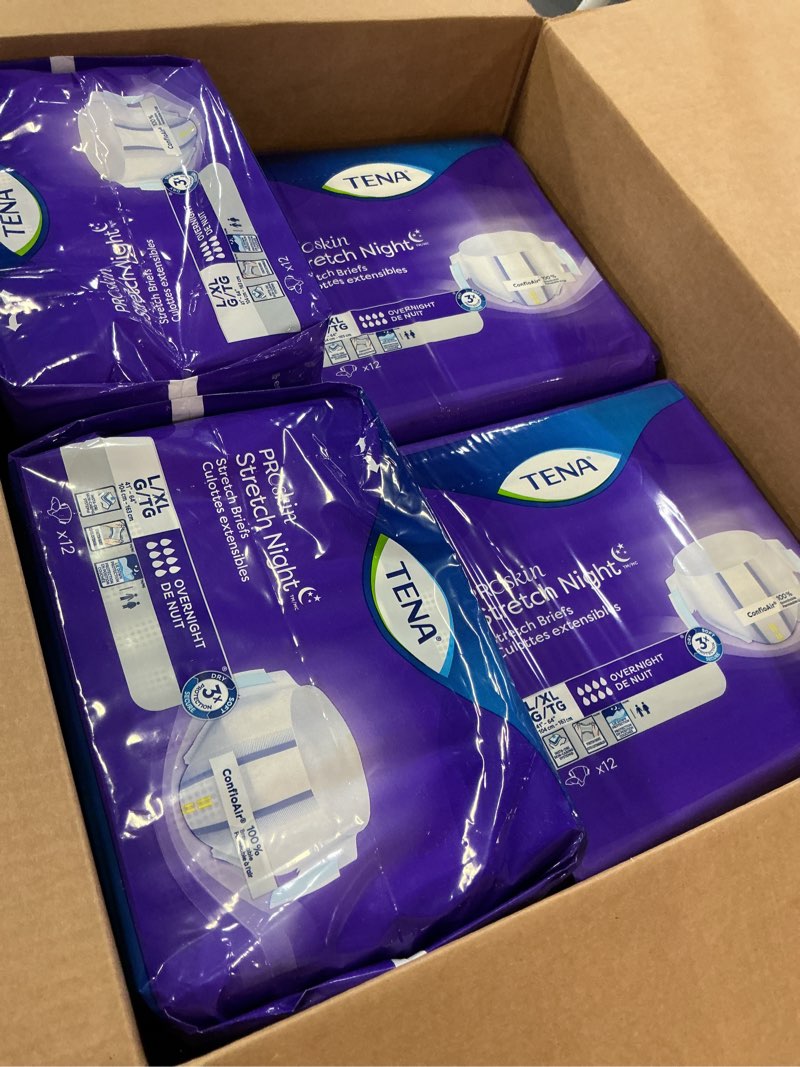 Condition photo showing New/Like New for tena proskin overnight incontinence adult diaper for women & men, stretch brief, large/extra large, 48 count (4 packs of 12), packaging may vary large/x-large 48