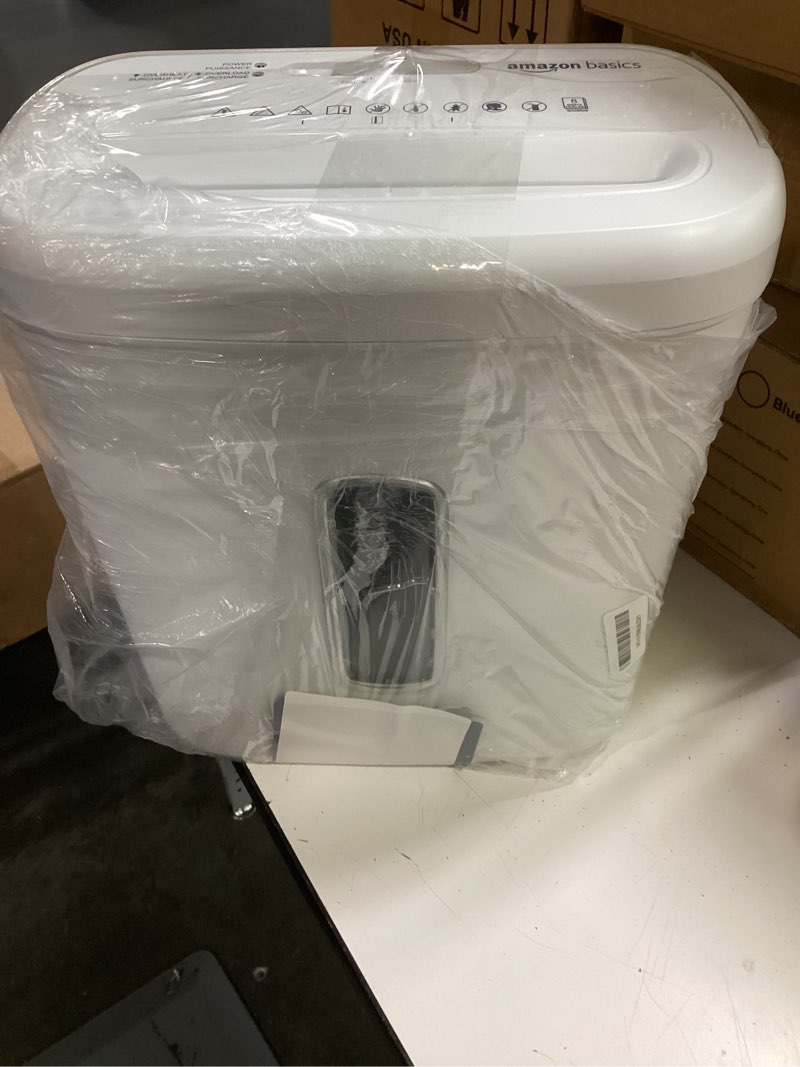 Condition photo showing As Is for amazon basics 8-sheet cross cut paper and credit card shredder for security, heavy duty, white 8 sheet white