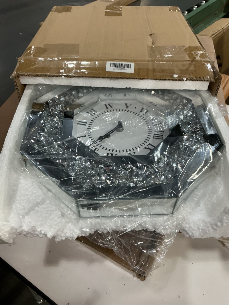 Condition photo showing As Is for Diamond Mirrored Round Large Wall Clocks for Living Room Decor, Silver/Black Crystal Sparkle Twinkle Bling Diamond Glass Wall Clock Decorative for Bedrooms Home Office (Octagon)