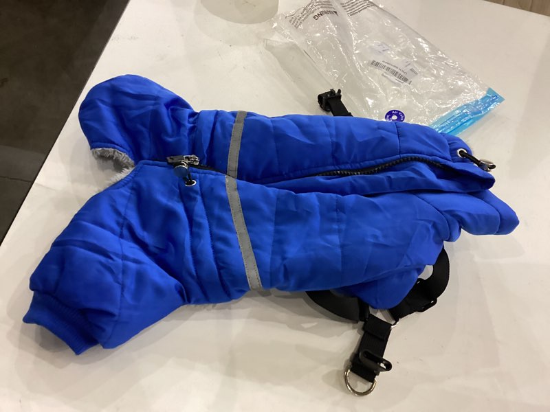 Condition photo showing As Is for BRKURLEG Blue Dog Winter Coat, Cozy Winter Dog Jackets, Small Dogs Coat with Harness, Onesie Body Warm Puppy Christmas Jacket, Pet Reflective Cold Weather Jackets, Puppy Four-Legged Puffer Coats, S Small Blue