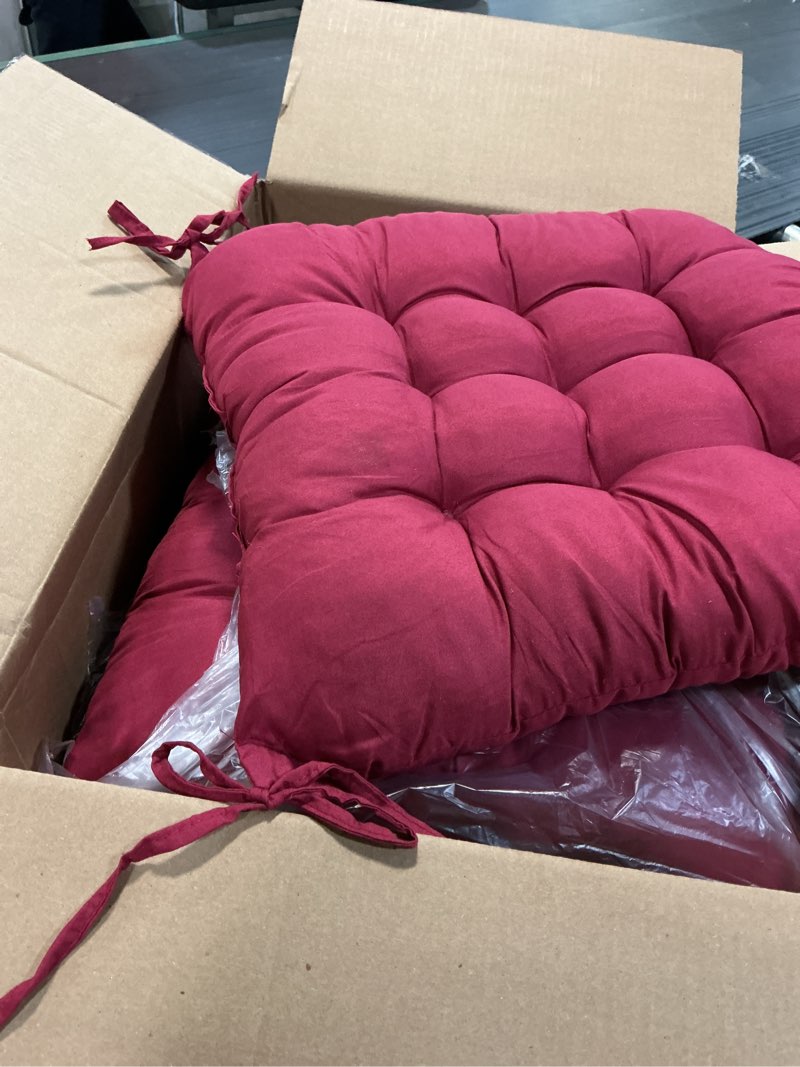 Condition photo showing Good Condition for teqhome 4 pcs chair cushion, large chair pads seat cushions set of 4, non slip memory foam tufted square seat cushion with ties, ultra soft chair cushions for dining kitchen office chairs (wine red) wine red large 17.7" x 17.7" x 2.4"