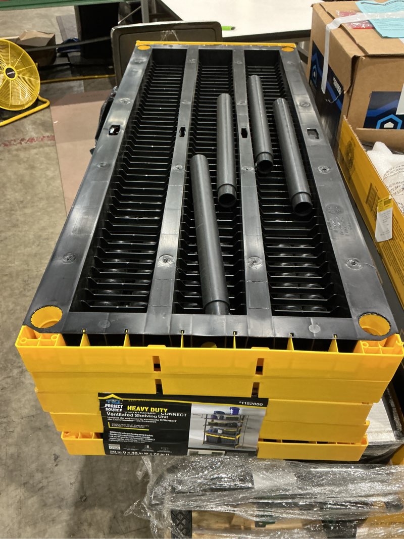 Condition photo showing As Is for project source 48-in w x 20-in d x 72-in h 5 -tier heavy duty black plastic utility shelving unit
