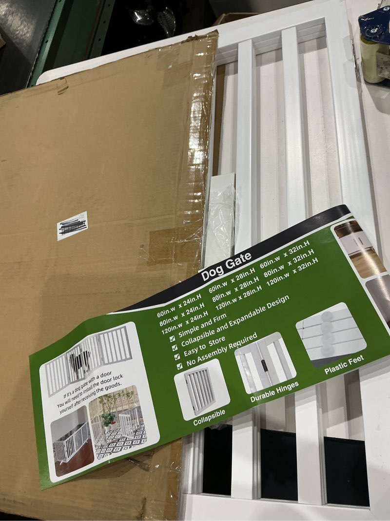 Condition photo showing As Is for 3-panel wooden freestanding pet gate 36"h x 60"l foldable indoor gate – white