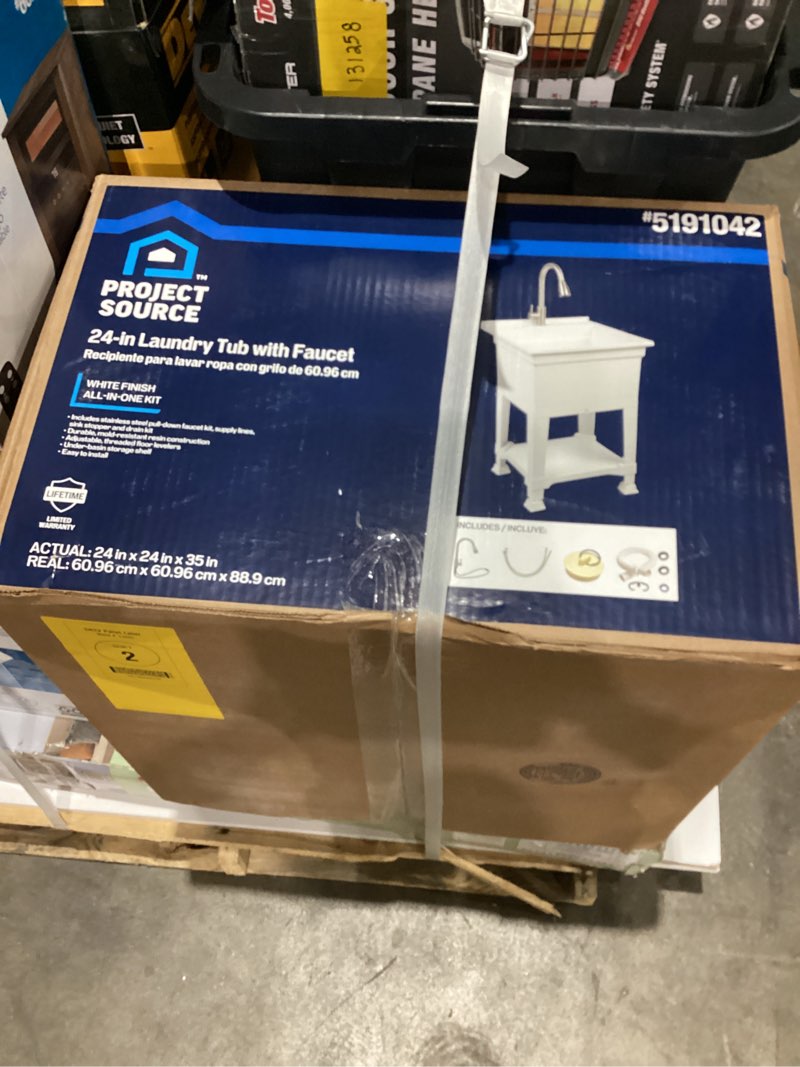 project source 24-in laundry tub with faucet, featuring a white finish all-in-one kit. 