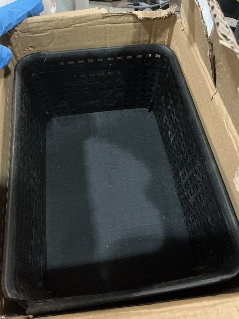 Condition photo showing Good Condition for black plastic storage baskets with lids 12 pack stackable storage bins containers for shelves organizing, cute decorative storage boxes for classroom, playroom, closet, pantry black 12 pack