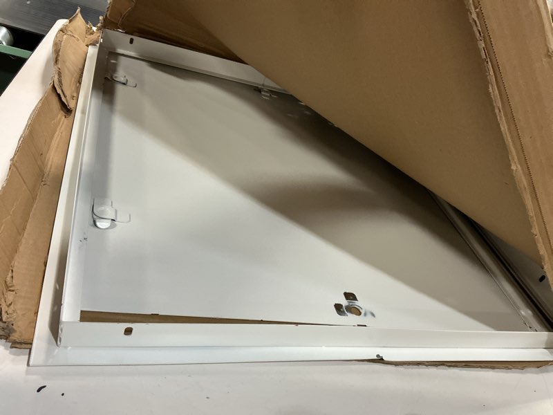 Condition photo showing As Is for Premier 24x24 Universal Steel Flush Access Panel Door w/Screwdriver Latch, White Prime Coat Finish, Wall or Ceiling Mounted Access Door for Drywall, Plumbing, Electrical, FL-5000 24 x 24 Screwdriver Latch