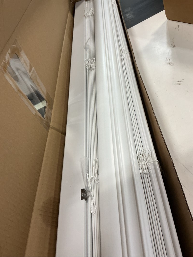 Condition photo showing As Is for allen + roth trim at home 2-in slat width 36-in x 64-in cordless white faux wood room darkening horizontal blinds