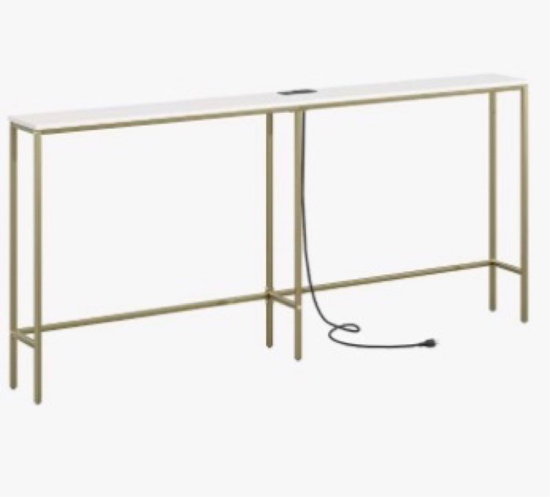 Masupu 70.9 Inch Console Table with Power Outletï¼ŒModern Narrow Long Sofa Table Behind Couch,Skinny Entry Table with Gold Metal Frame for Entryway,Living Room, Hallway,Classic White